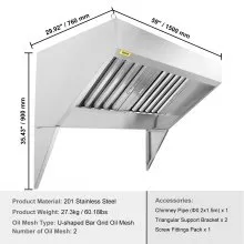 VEVOR Campana extractora comercial, capó de camión de alimentos de 5 pies, capó de remolque de concesión de acero inoxidable 201 con 2 mallas de filtro de aceite de rejilla desmontables en forma de U, campana de ventilación resistente a la oxidación para cocina restaurante