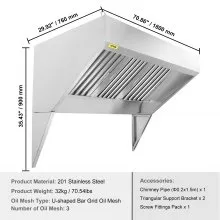 VEVOR Campana de escape comercial, escape de campana de camión de alimentos de 6 pies, campana de remolque de concesión de acero inoxidable 201 con 3 mallas de filtro de aceite de rejilla en forma de U desmontables, campana de ventilación resistente a la oxidación para restaurante de cocina