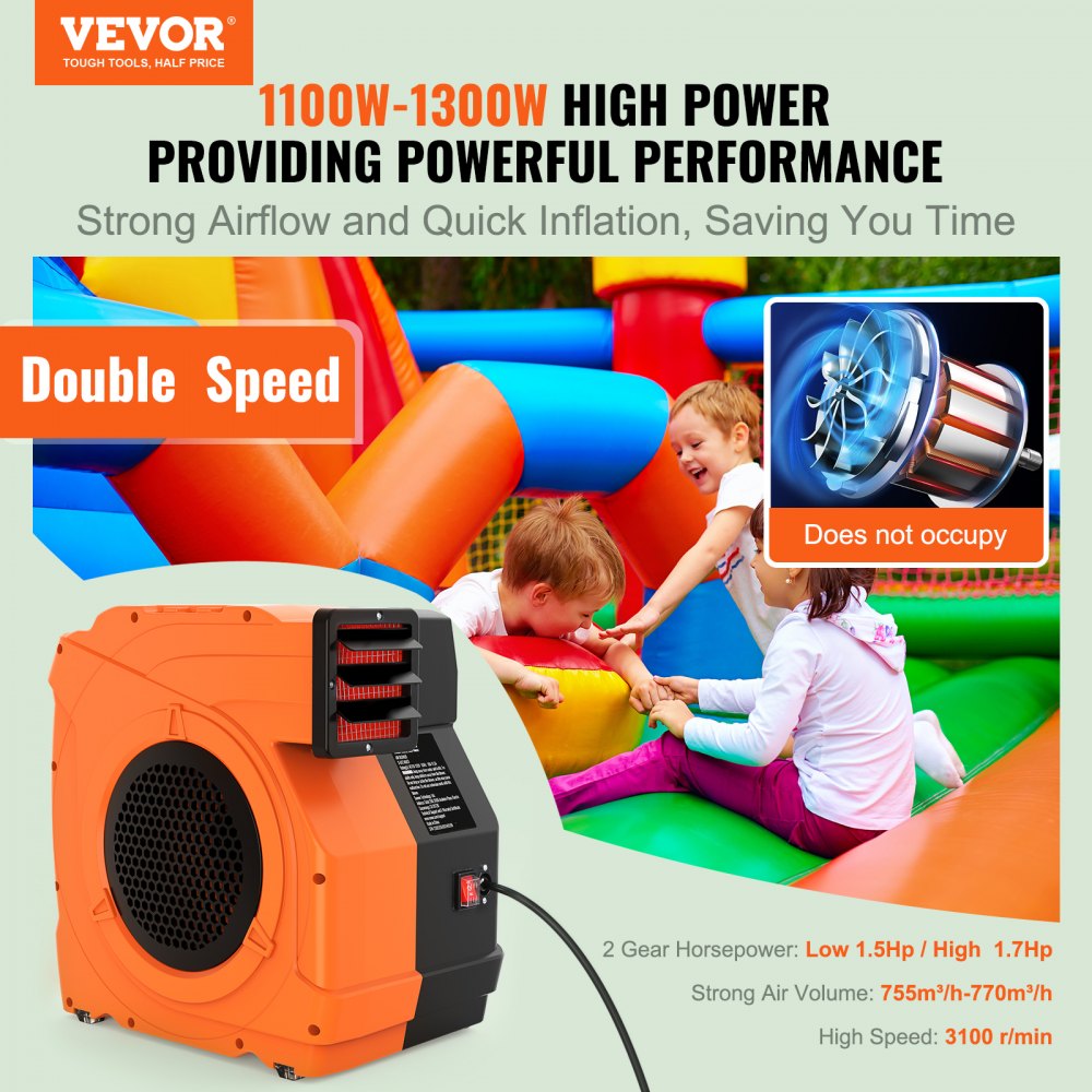 Soplador inflable VEVOR con opciones de doble velocidad, fuerte flujo de aire e inflado rápido para casas inflables.
