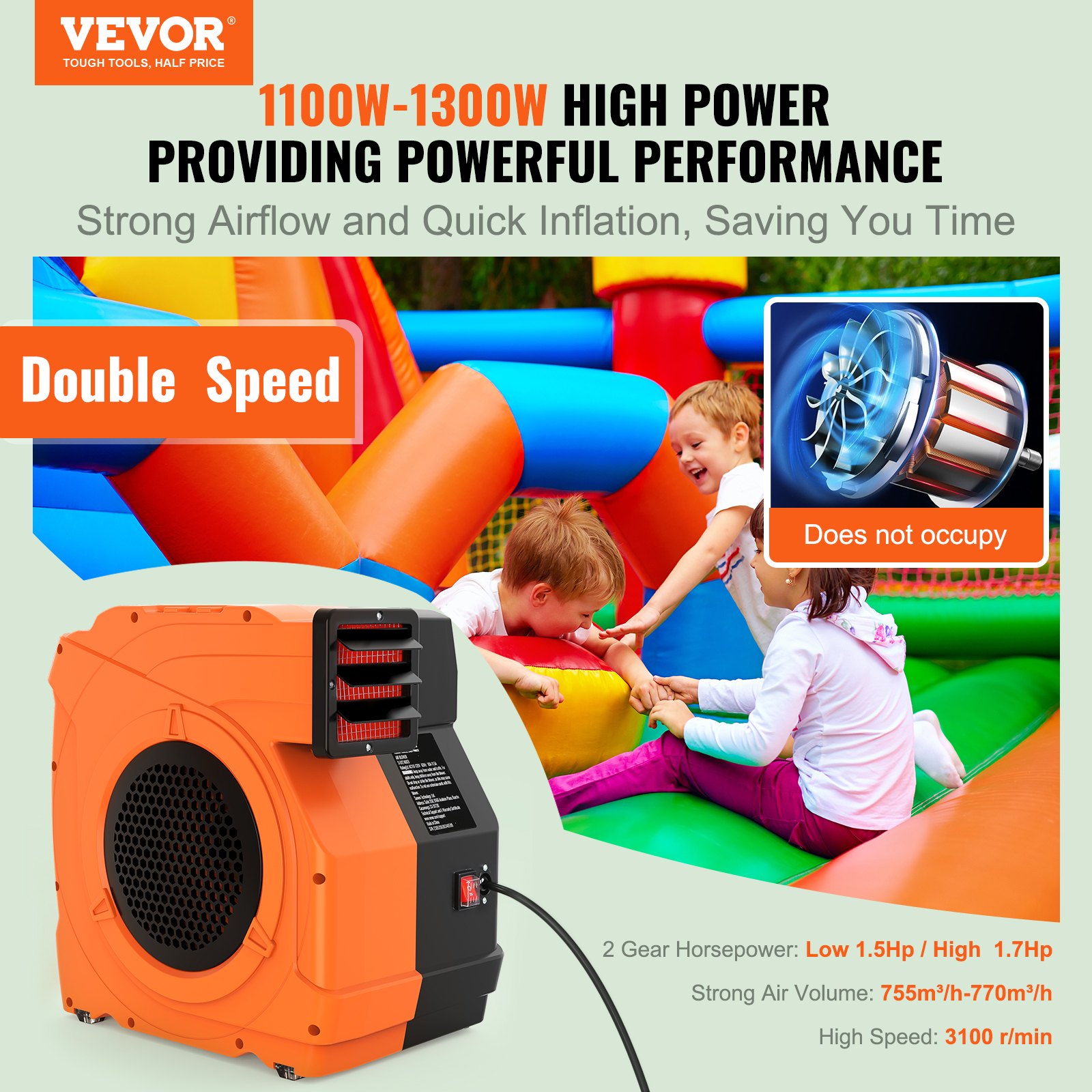Soplador inflable VEVOR con opciones de doble velocidad, fuerte flujo de aire e inflado rápido para casas inflables.