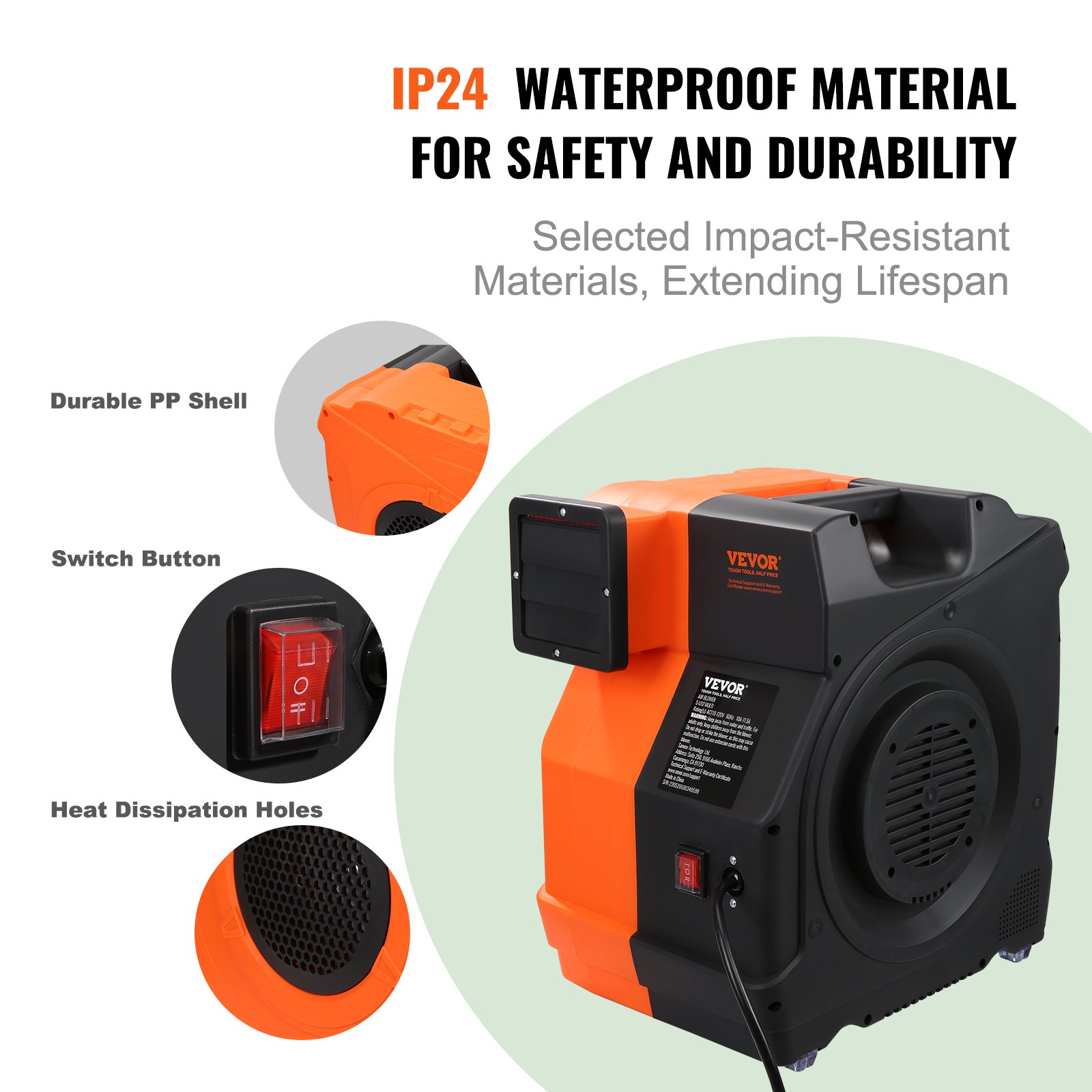 Soplador inflable VEVOR con material impermeable IP24, carcasa de polipropileno duradera, botón de interruptor y orificios de disipación de calor.