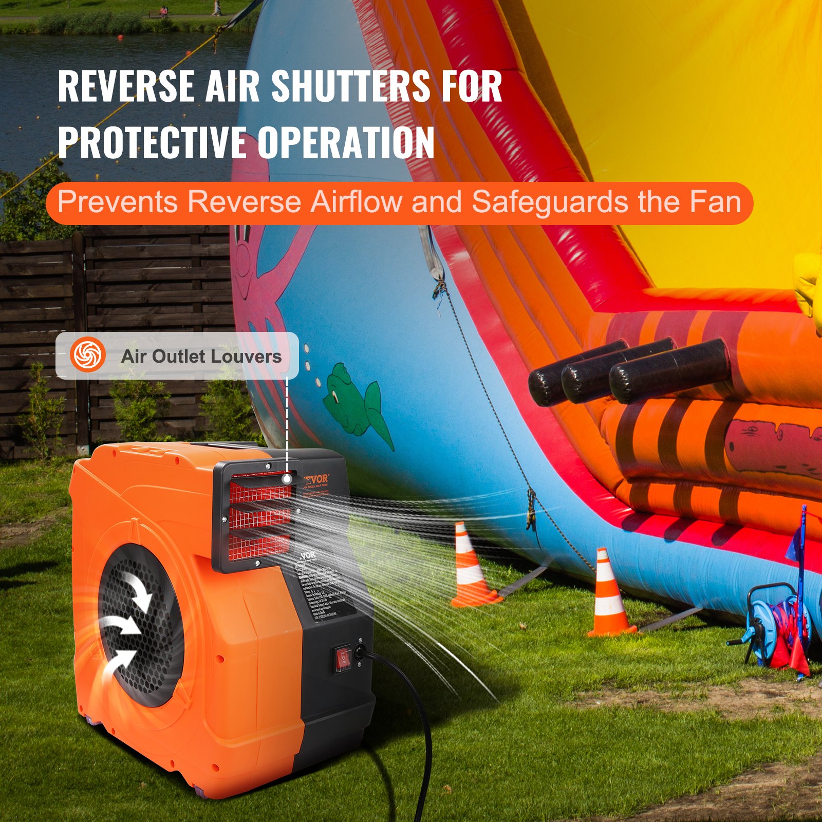 Soplador inflable VEVOR con persianas de aire inversas en uso junto a una estructura inflable colorida.