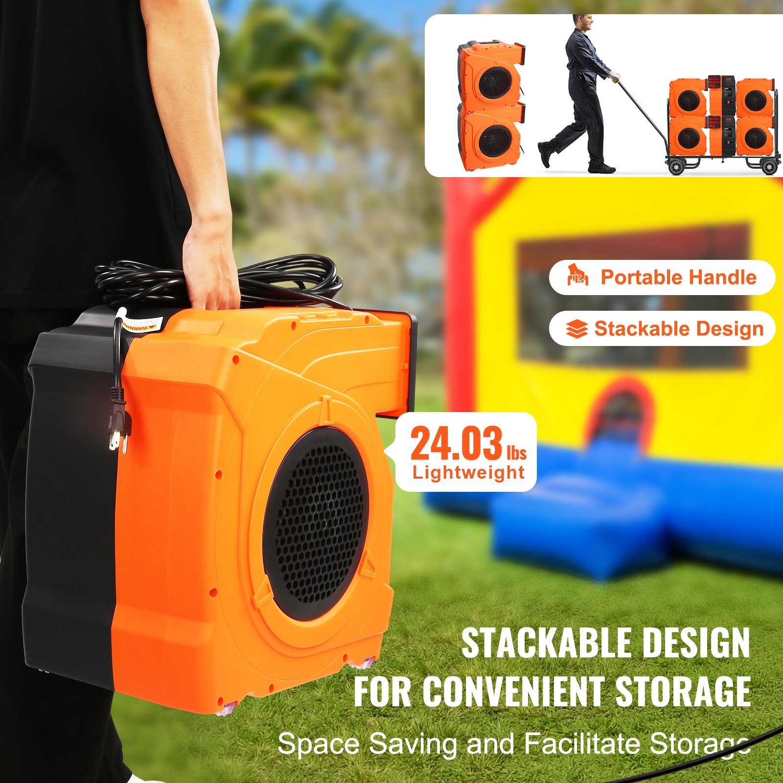 Soplador inflable VEVOR con mango portátil, diseño apilable y peso ligero de 24,03 libras para un fácil almacenamiento.