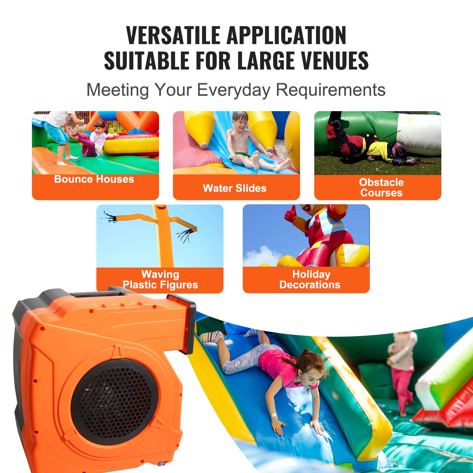Soplador inflable VEVOR para casas inflables, toboganes de agua, pistas de obstáculos, figuras de plástico que se mueven y decoraciones.