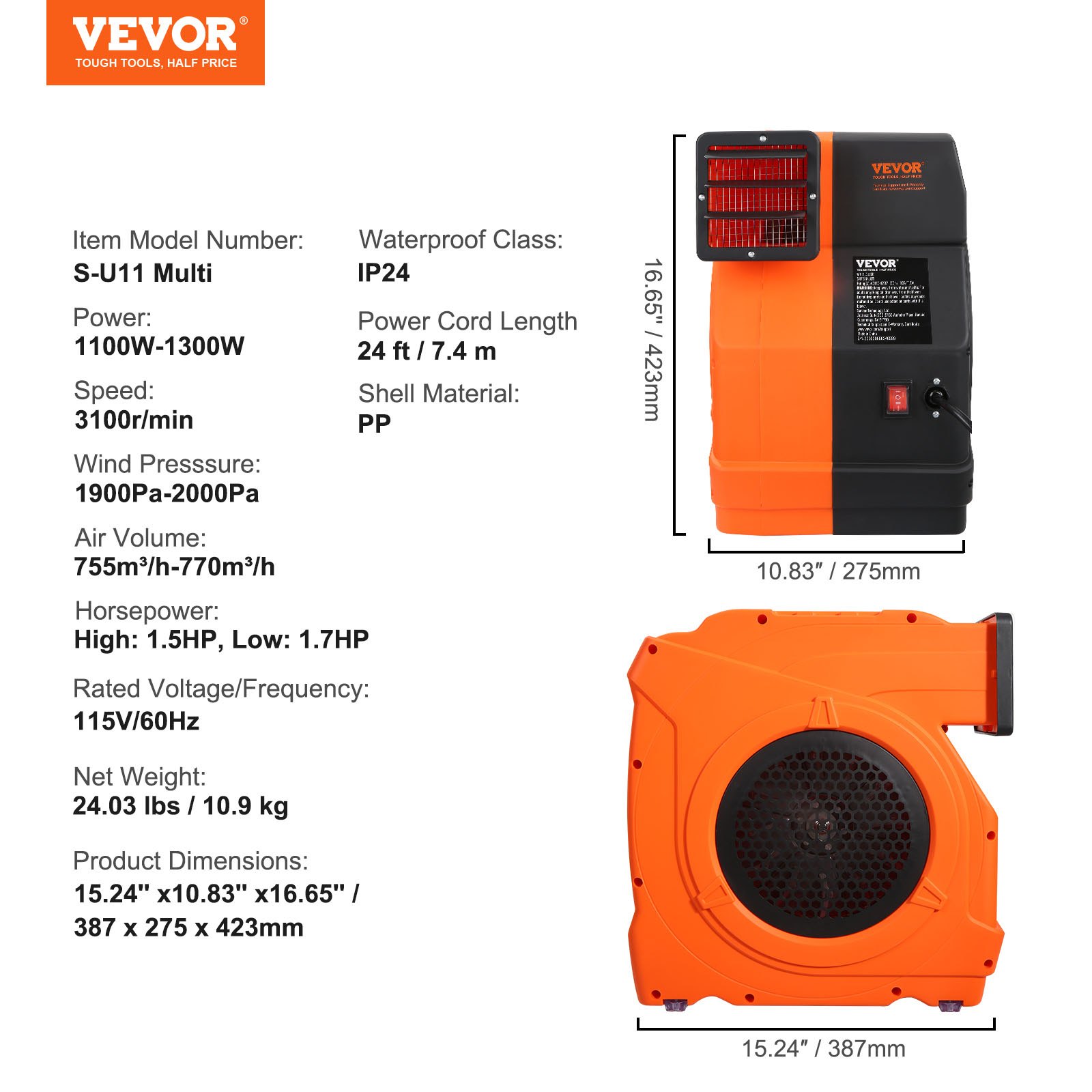 Soplador inflable VEVOR naranja y negro con detalles del modelo, dimensiones y especificaciones enumeradas.