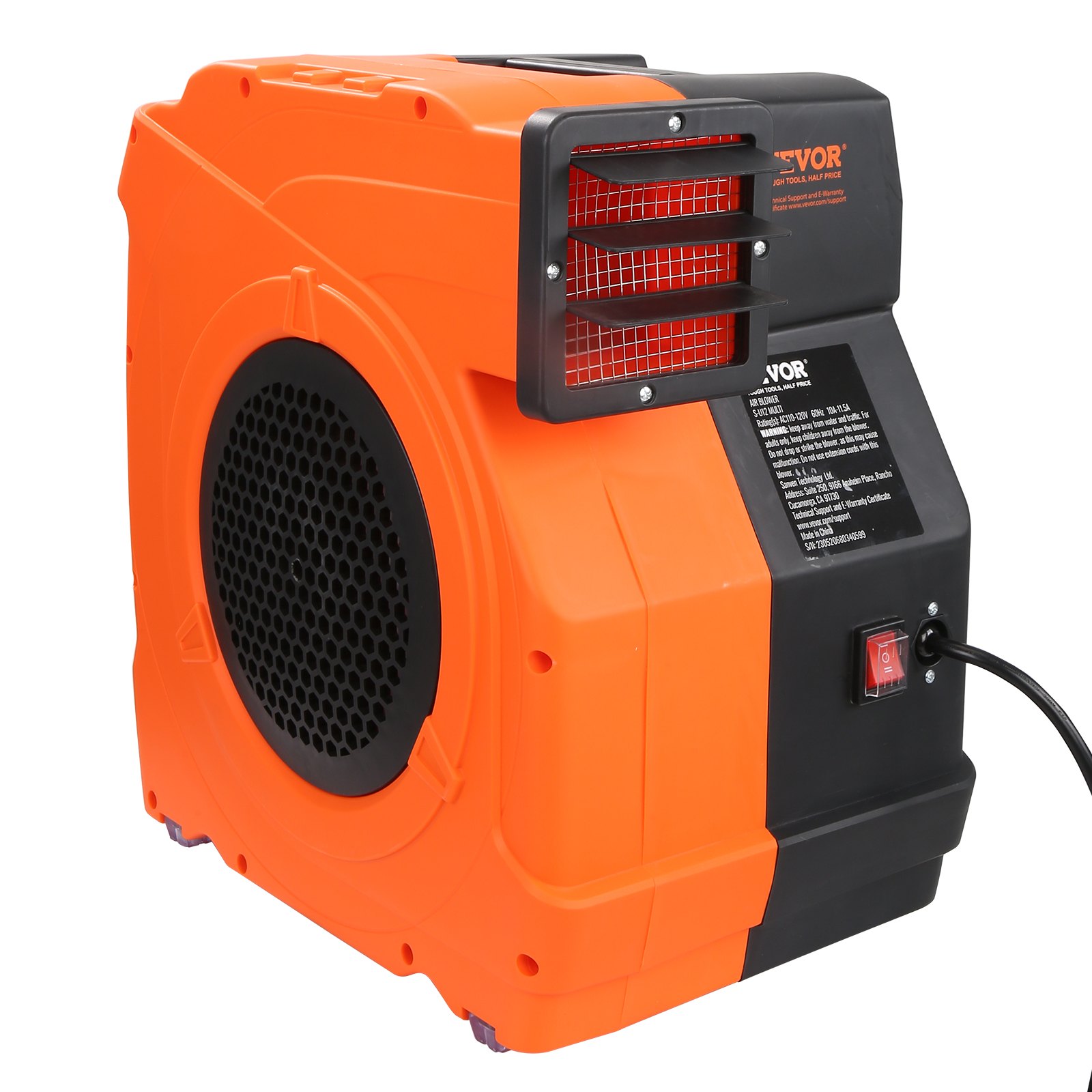 Soplador inflable VEVOR naranja y negro con cable de alimentación e interruptores de control.