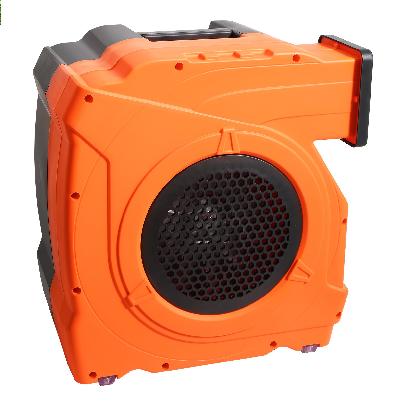 Soplador inflable VEVOR naranja con ventilación hexagonal y mango, diseñado para casas inflables y castillos hinchables.