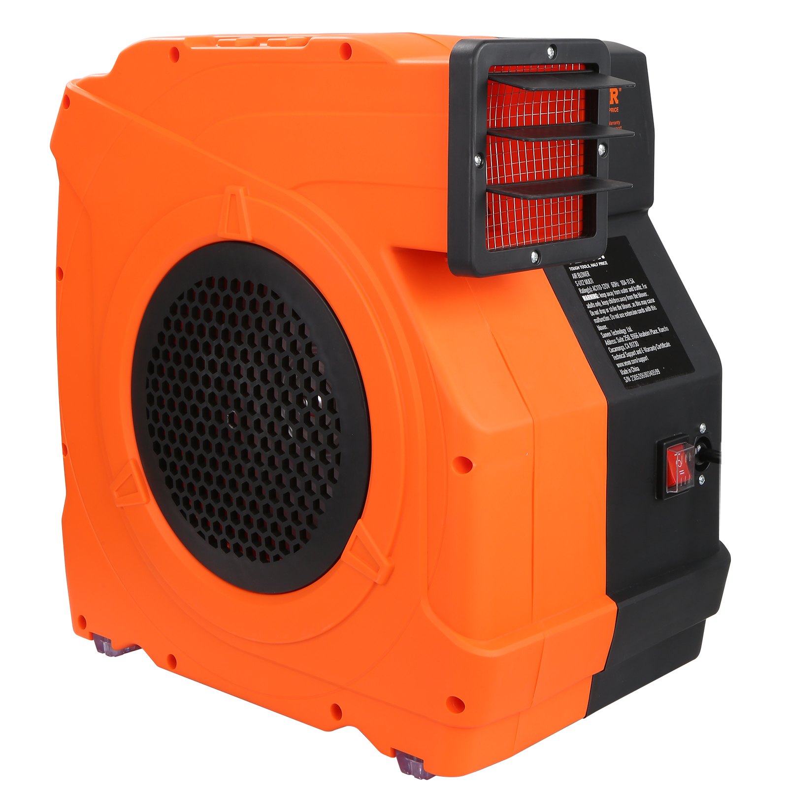Soplador inflable VEVOR naranja con ventilaciones negras e interruptor de control en el lateral.