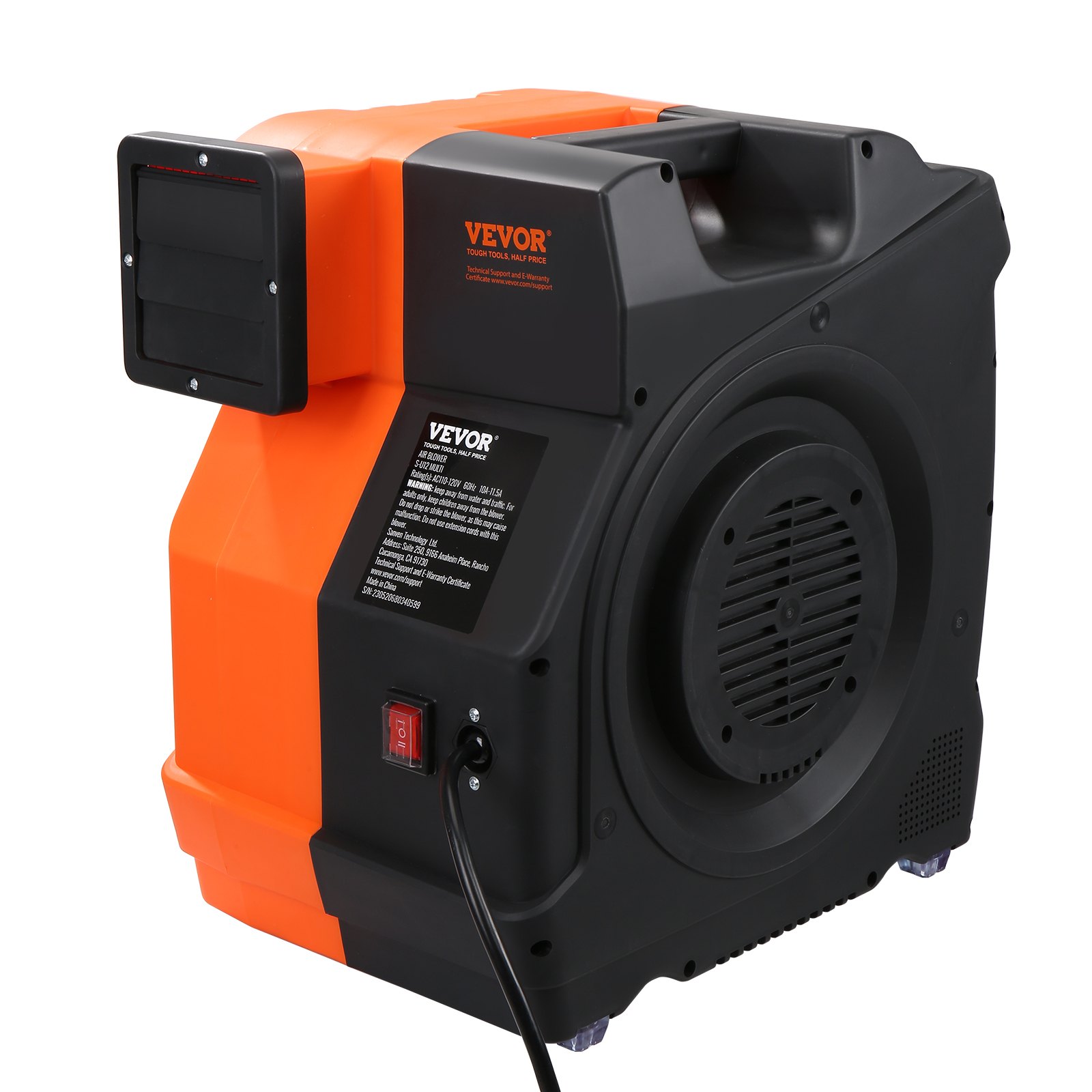Soplador inflable VEVOR con cuerpo naranja y negro, interruptor de encendido y detalles de ventilación en el lateral.