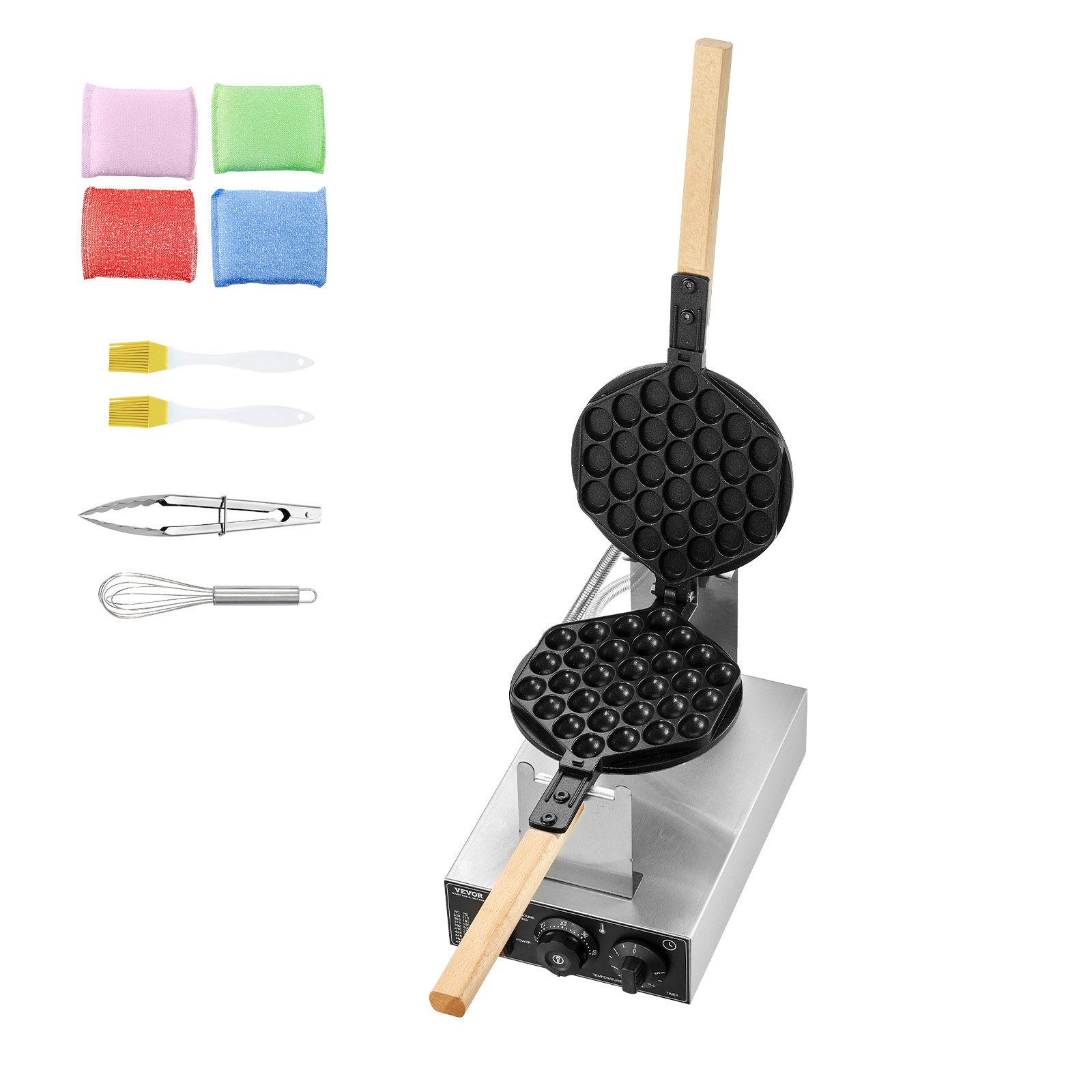 VEVOR Máquina para Hacer Gofres con Burbujas, 1400 W, Acero Inoxidable Antiadherente, Control Temperatura y Tiempo, Mango de Madera, para Restaurantes, Panaderías, 593 x 220 x 268 mm, Plata, 1P