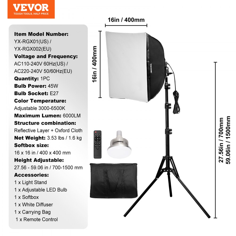 Kit de iluminación VEVOR Softbox de 40,6 x 40,6 cm, Softbox profesional con bombillas LED de 45 W, temperatura de color ajustable de 3000 a 6500 K, trípode, luces de estudio para fotografía, grabación de vídeo y transmisión en directo.