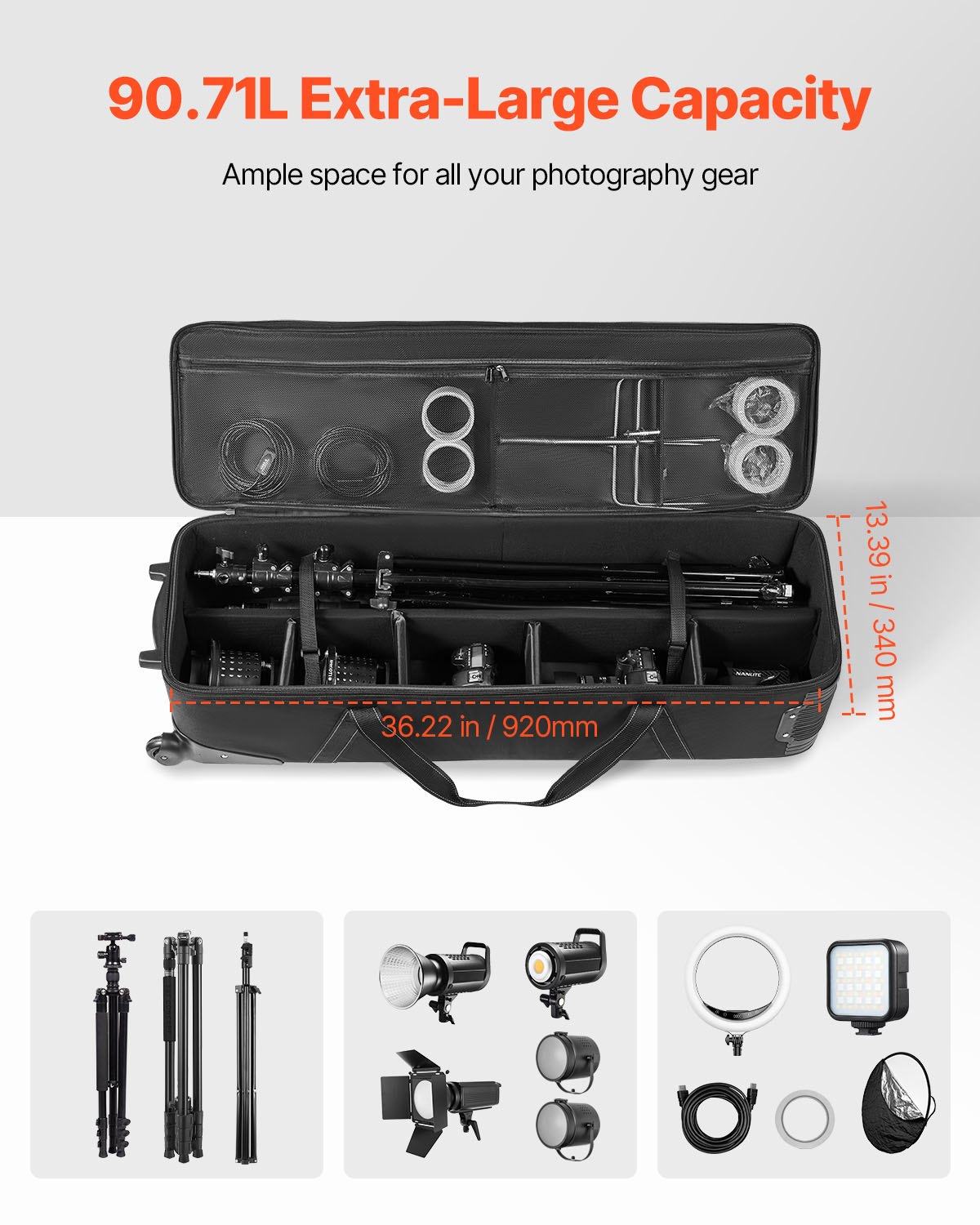 Estuche con ruedas para equipo de estudio, 39,37 x 14,96 x 12,60 pulgadas, bolsa de transporte para cámara con ruedas