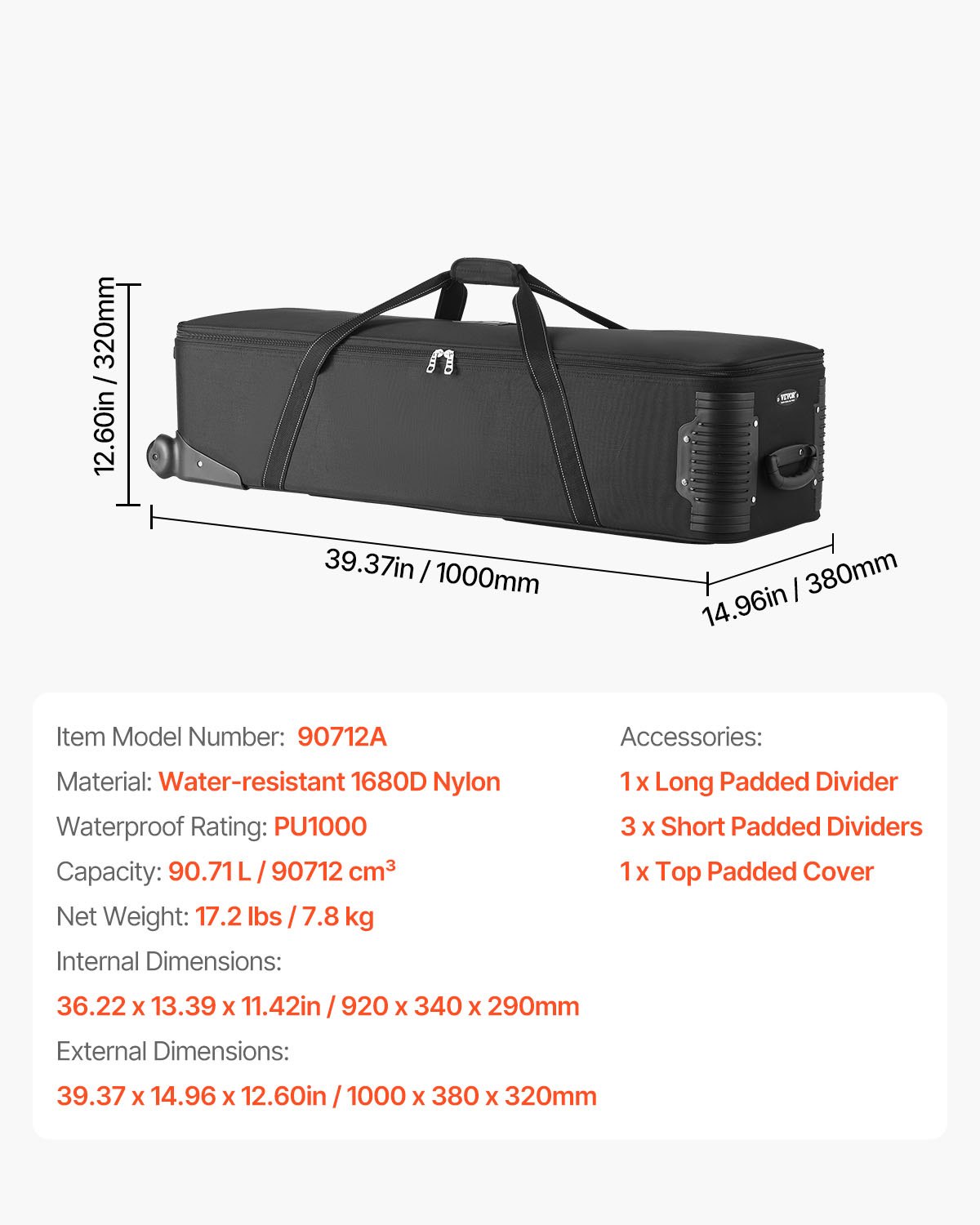 Estuche con ruedas para equipo de estudio, 39,37 x 14,96 x 12,60 pulgadas, bolsa de transporte para cámara con ruedas