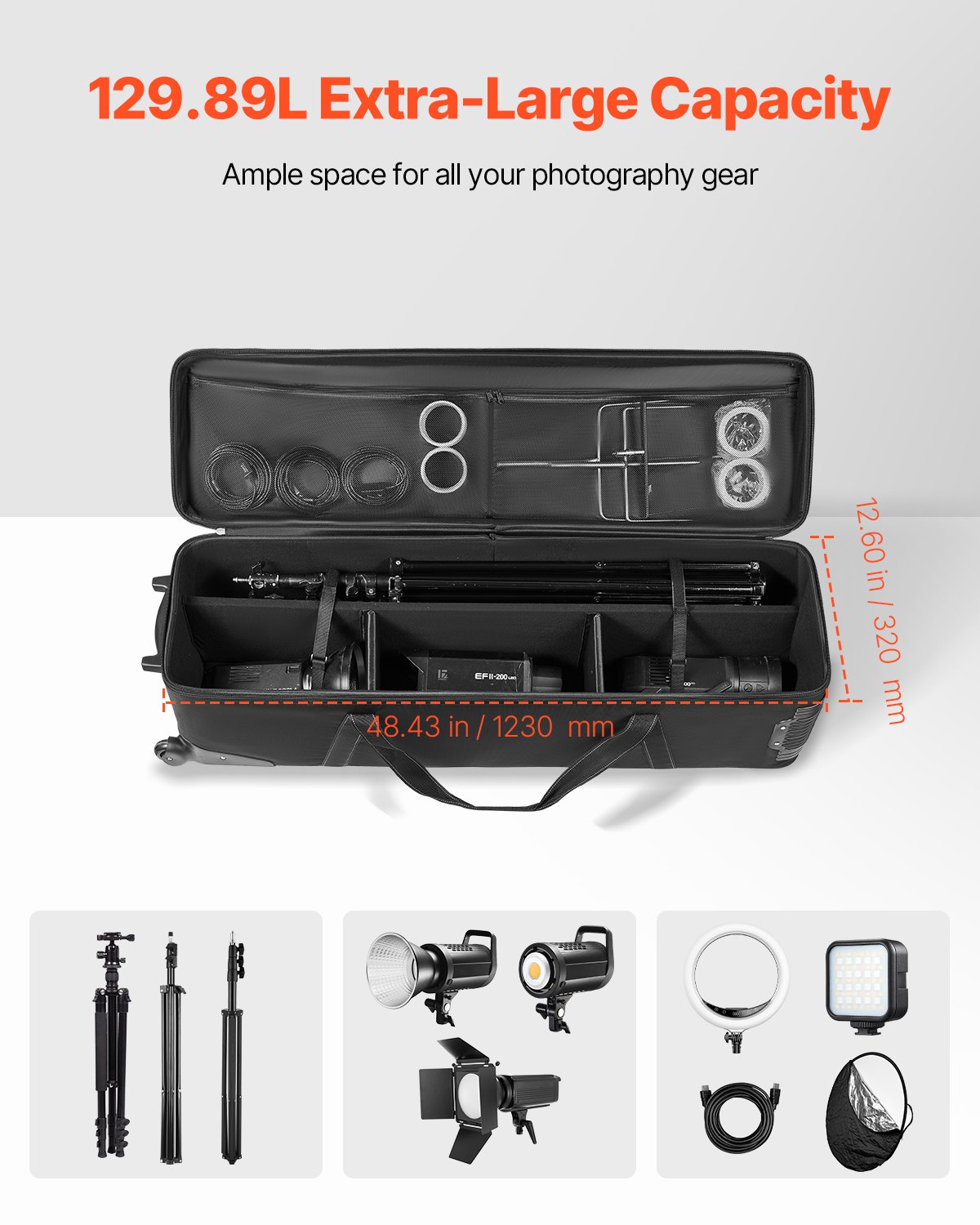 Estuche con ruedas para equipo de estudio, 51,57 x 14,37 x 14,96 pulgadas, bolsa de transporte con ruedas para cámara