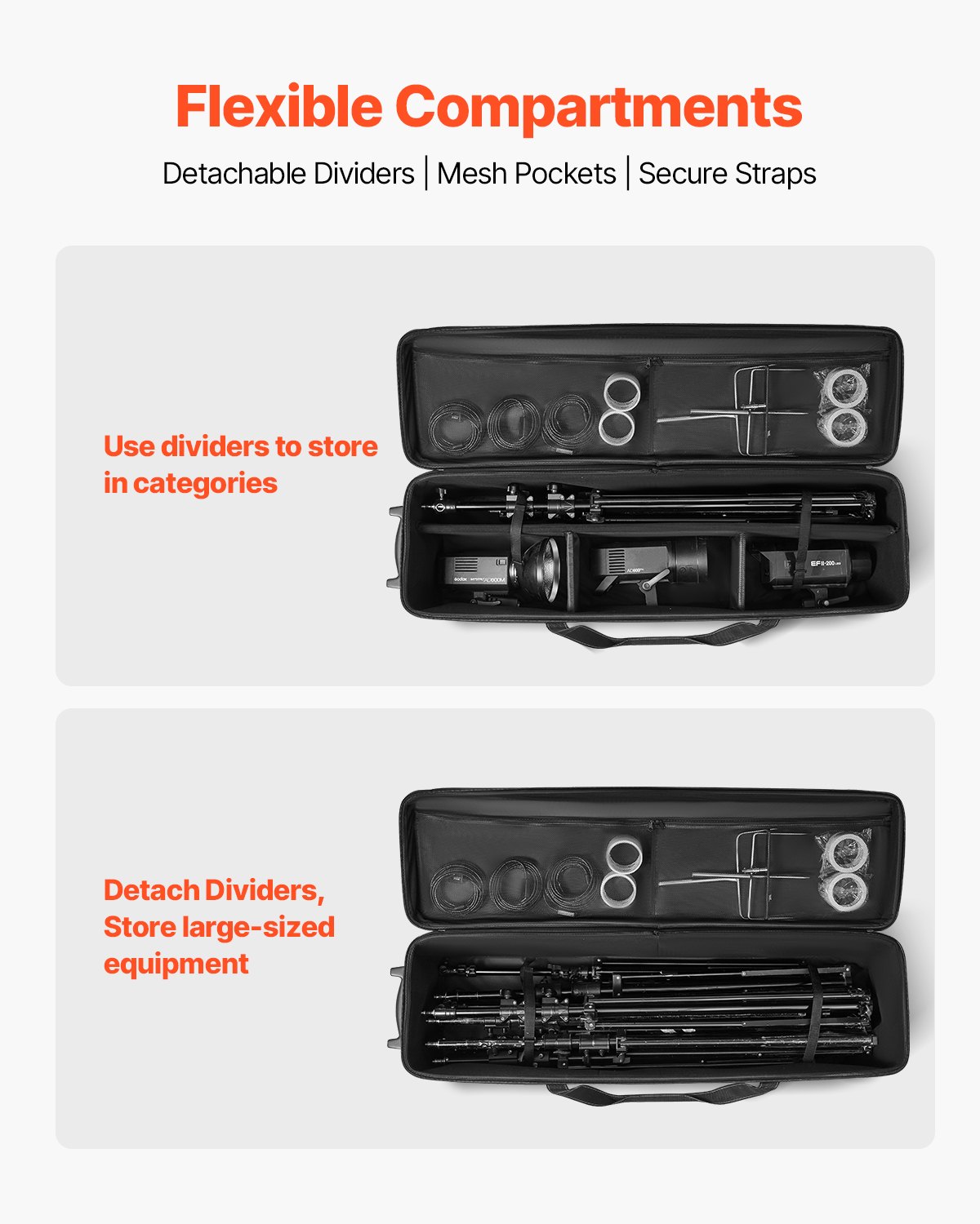 Maletín con ruedas VEVOR para equipo de estudio (131 x 36,5 x 38 cm), con ruedas y compartimento acolchado para cámaras, ideal para soportes de iluminación, trípodes y telescopios.