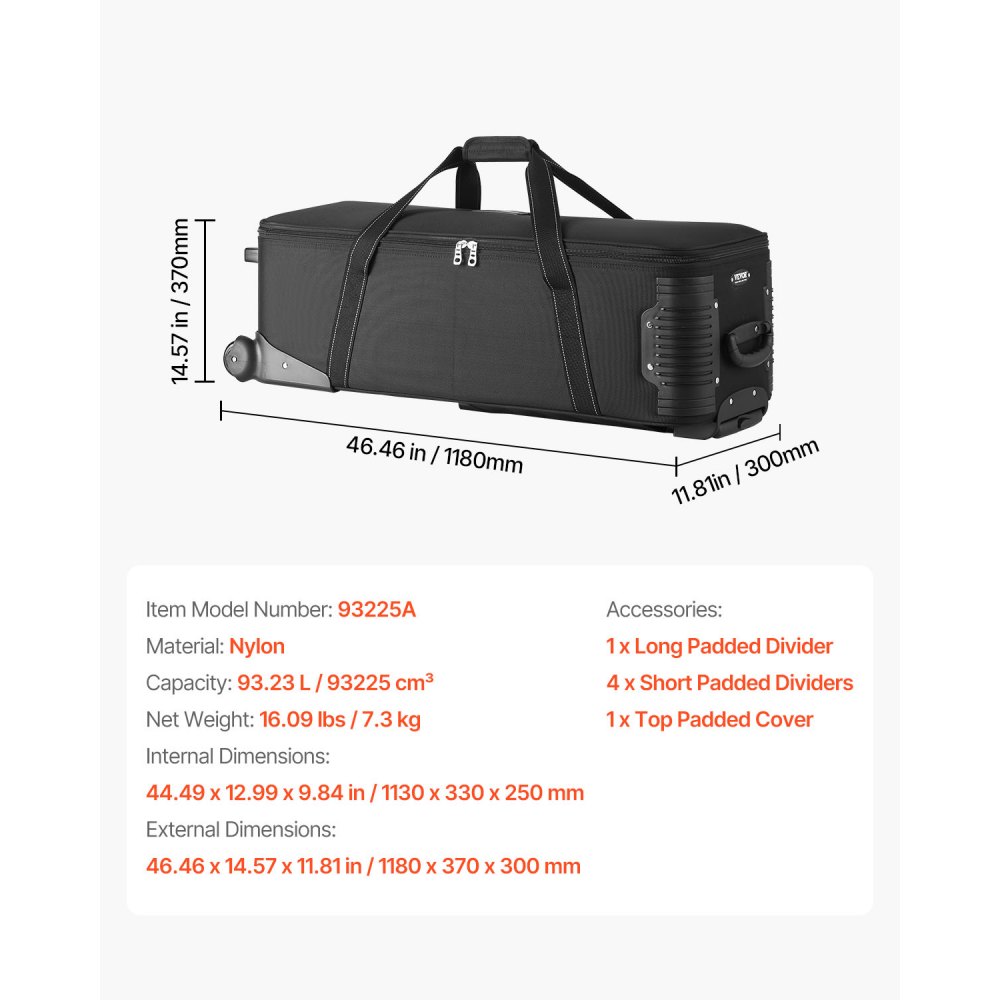 Estuche con ruedas para equipo de estudio, 46,46 x 14,57 x 11,81 pulgadas, bolsa de transporte para cámara con ruedas