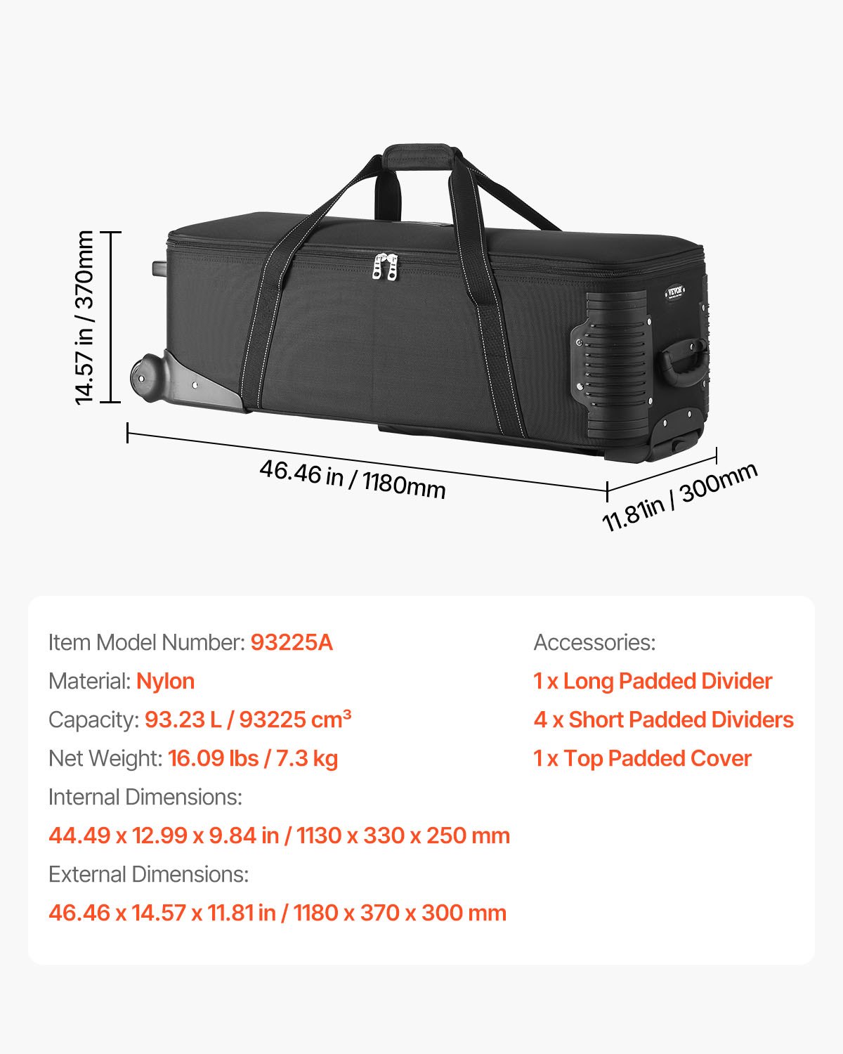 Estuche con ruedas para equipo de estudio, 46,46 x 14,57 x 11,81 pulgadas, bolsa de transporte para cámara con ruedas