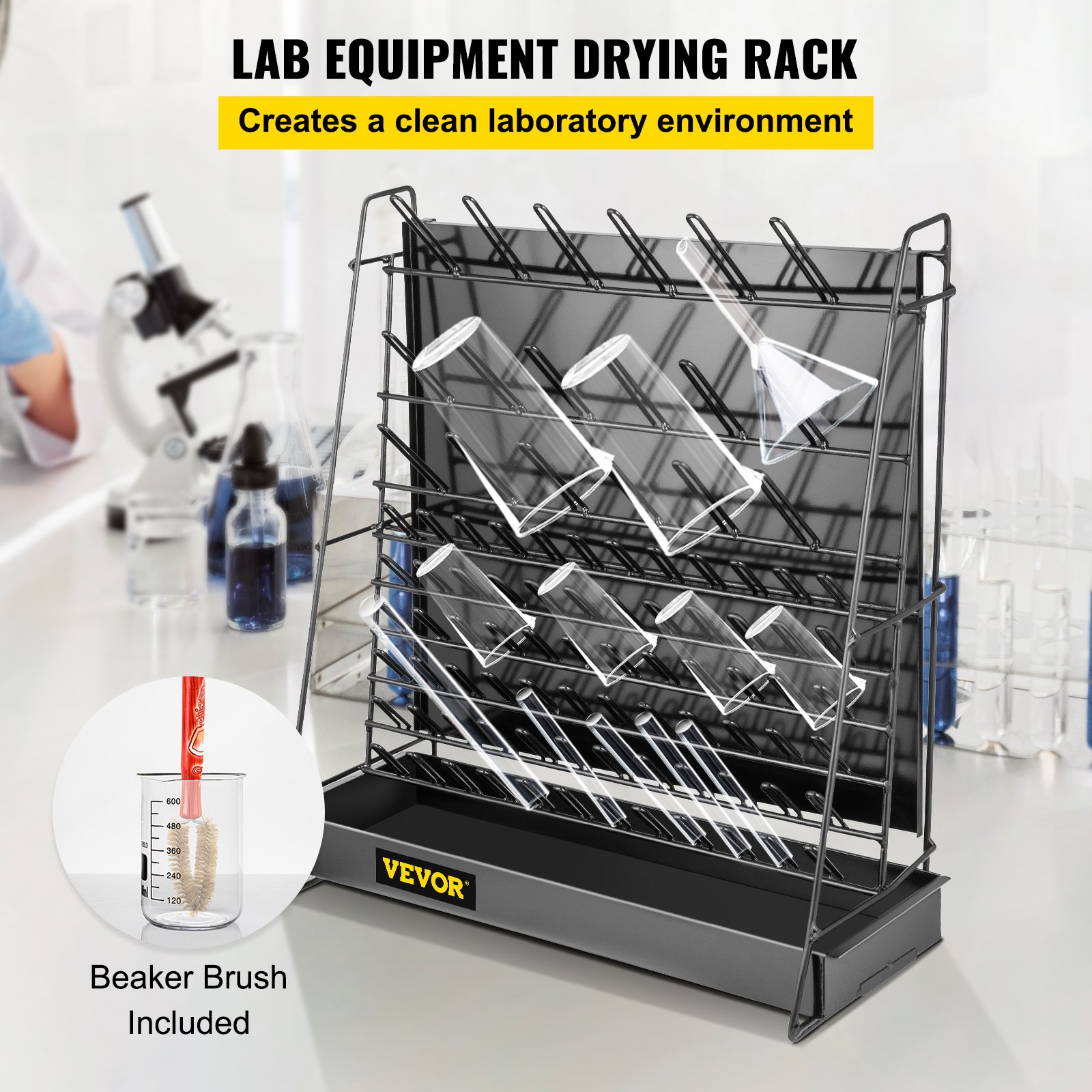 Rejilla de secado de cristalería de laboratorio VEVOR con cepillo para vasos en un entorno de laboratorio.