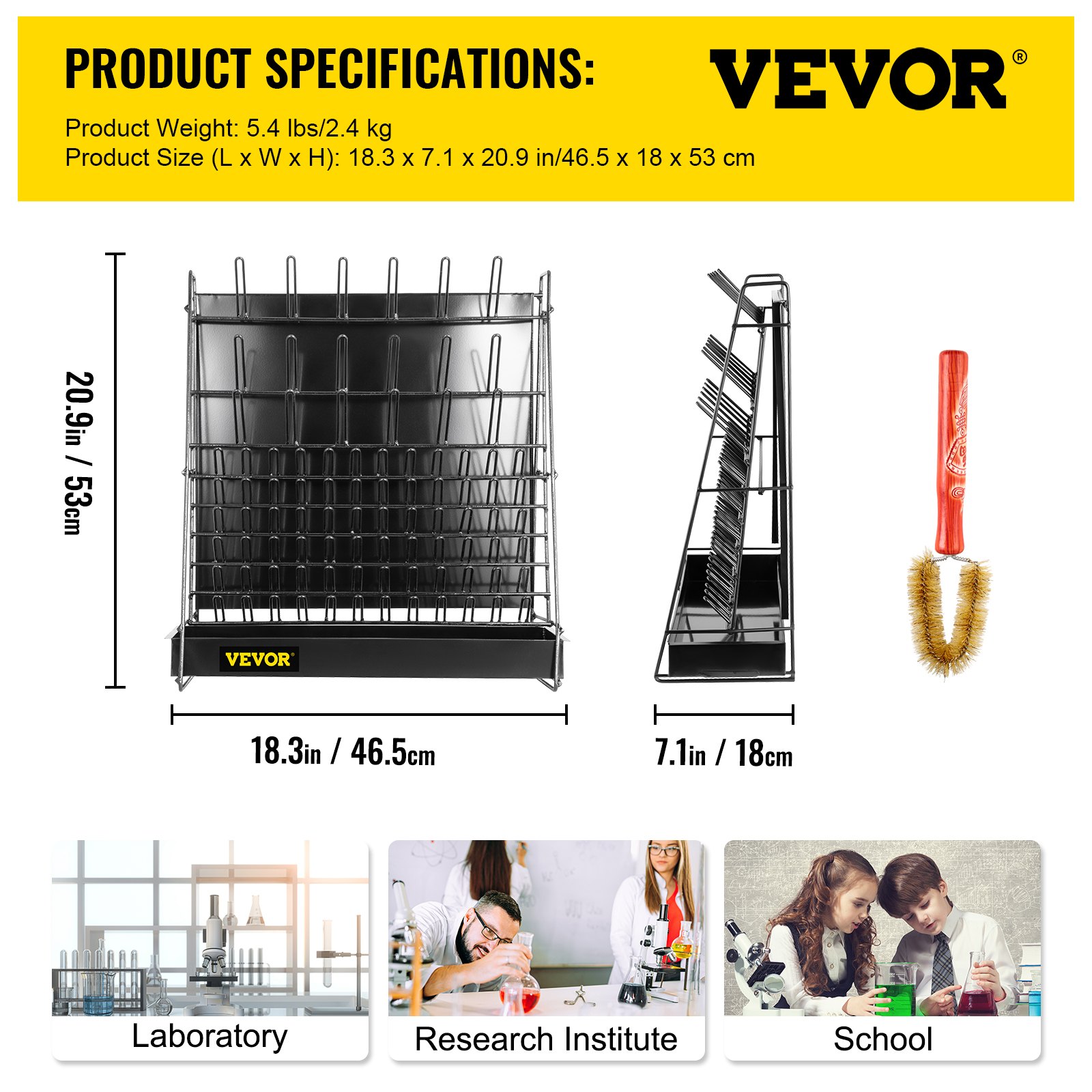 Estante de secado de cristalería de laboratorio VEVOR con dimensiones del producto y uso en varios entornos.
