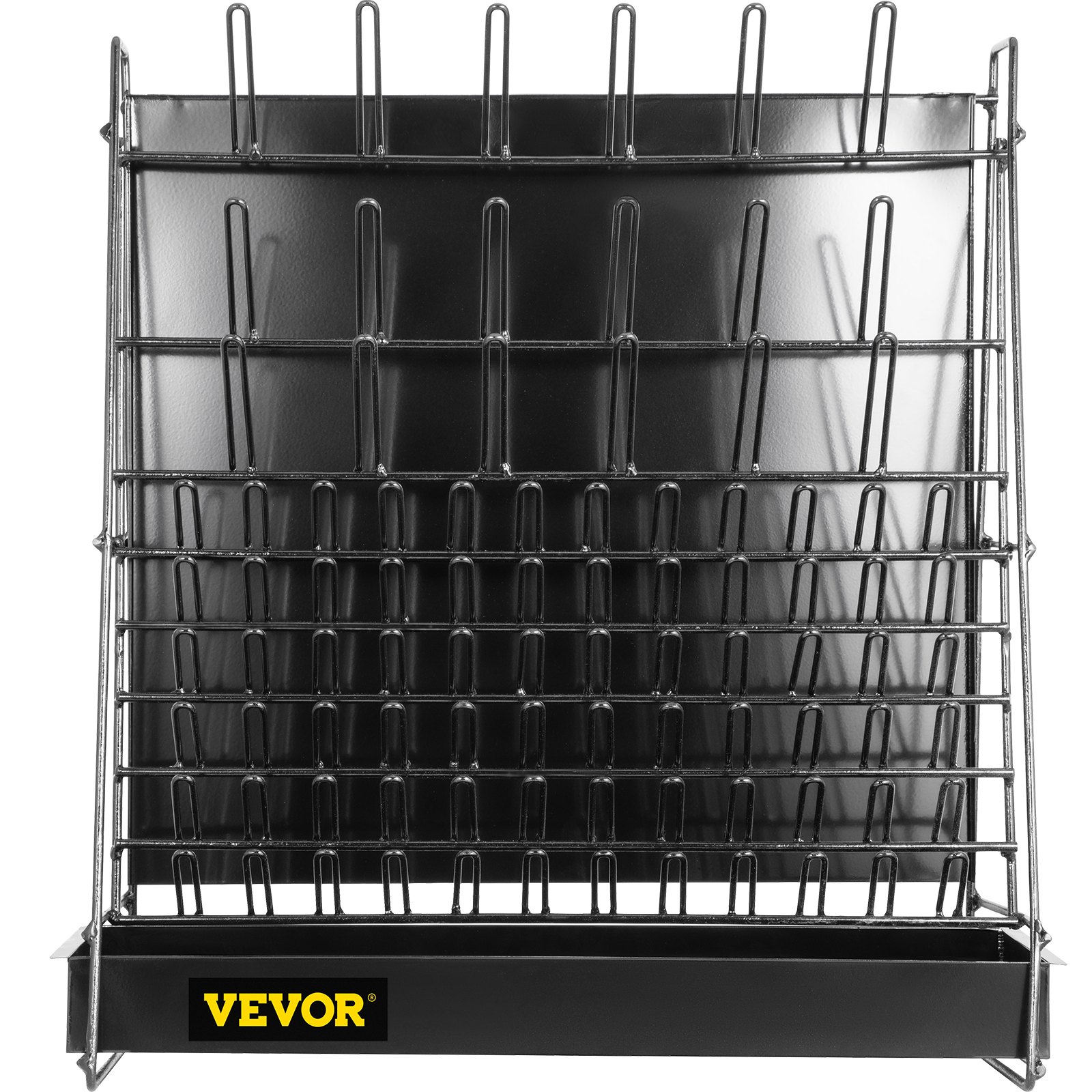 Estante de secado de cristalería de laboratorio VEVOR con múltiples clavijas en un marco de metal negro.