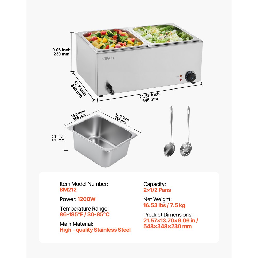 Calentador de alimentos comercial VEVOR de 24 cuartos de galón, mesa de vapor eléctrica de 2 bandejas, 1200 W, baño maría buffet profesional de acero inoxidable con control de temperatura de 30-84 °C para catering, bufés, fiestas y restaurantes.