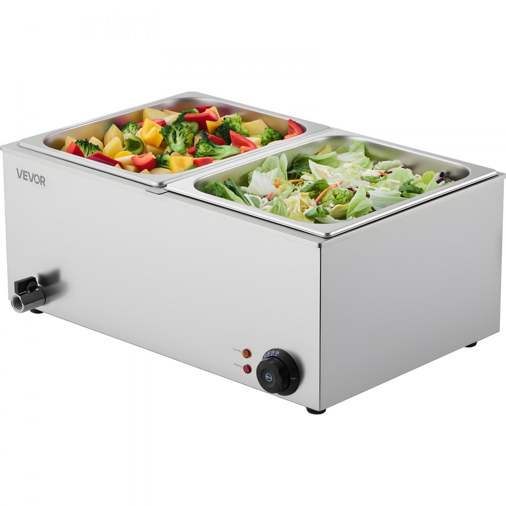 Calentador de alimentos comercial VEVOR de 24 cuartos de galón, mesa de vapor eléctrica de 2 bandejas, 1200 W, baño maría buffet profesional de acero inoxidable con control de temperatura de 30-84 °C para catering, bufés, fiestas y restaurantes.