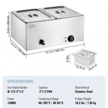 Calentador de alimentos eléctrico comercial VEVOR, 2 sartenes, encimera, buffet, 18 qt, baño maría