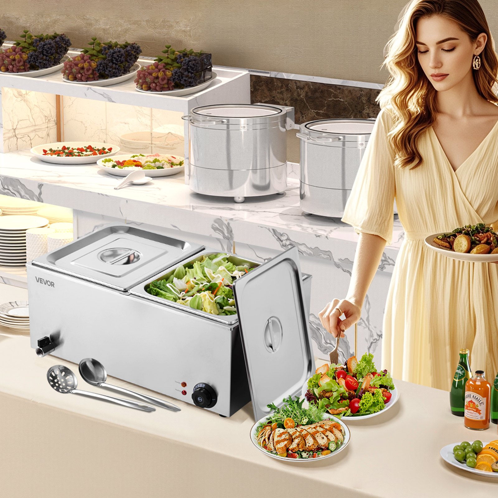 Calentador de alimentos comercial VEVOR de 24 cuartos de galón, mesa de vapor eléctrica de 2 bandejas, 1200 W, baño maría buffet profesional de acero inoxidable con control de temperatura de 30-84 °C para catering, bufés, fiestas y restaurantes.