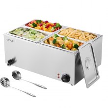 Calentador de alimentos comercial VEVOR de 24 cuartos de galón, mesa de vapor eléctrica para 4 sartenes, 1200 W, baño maría profesional de acero inoxidable para mostrador con control de temperatura de 30-84 °C para catering, bufés, fiestas y restaurantes.
