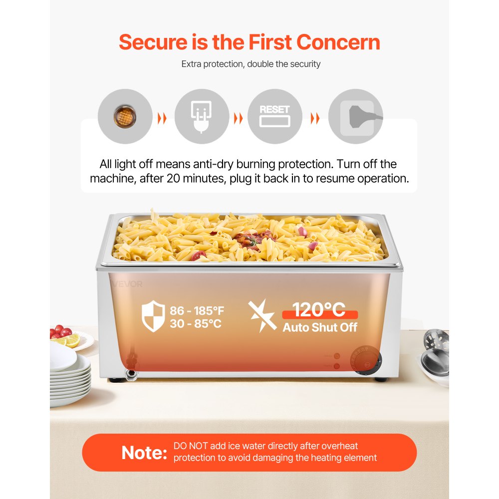 Calentador de alimentos comercial VEVOR, 1 x 19QT, mesa de vapor eléctrica, 1200 W, encimera profesional de acero inoxidable, para bufé, baño María, con control de temperatura de 86-185 °F para catering y restaurantes, color plateado