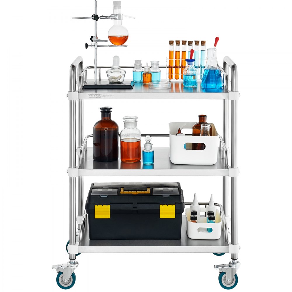 Carro de laboratorio VEVOR con ruedas, de acero inoxidable, con 3 estantes, para servicio de laboratorio con ruedas giratorias, ideal para clínicas, laboratorios, hospitales y salones de belleza, 67 x 39 x 87 cm