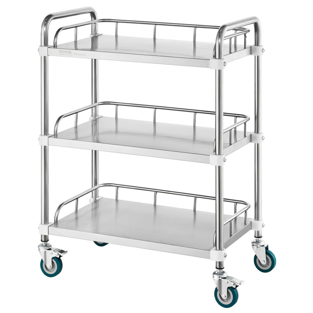 Carro de laboratorio VEVOR con ruedas, de acero inoxidable, con 3 estantes, para servicio de laboratorio con ruedas giratorias, ideal para clínicas, laboratorios, hospitales y salones de belleza, 67 x 39 x 87 cm