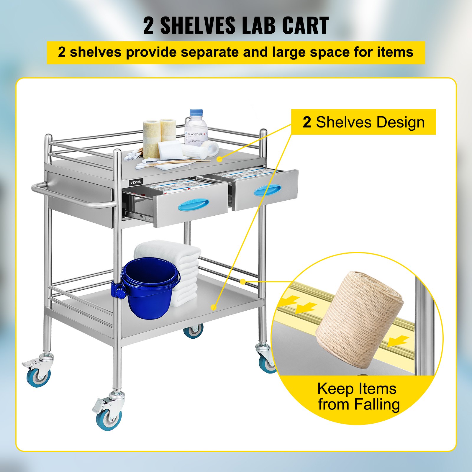 VEVOR Carrito de servicio de laboratorio, carrito médico de acero inoxidable con dos cajones para uso de equipos de laboratorio, servicio de utilidad de acero inoxidable grado I (2 estantes/2 cajones)