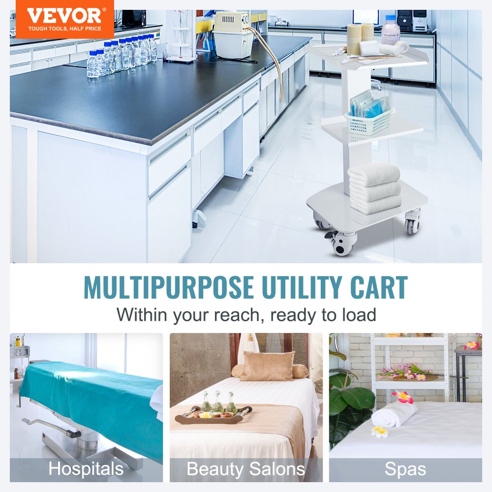 Carro utilitario VEVOR en un laboratorio y casos de uso en hospitales, salones de belleza y spas.