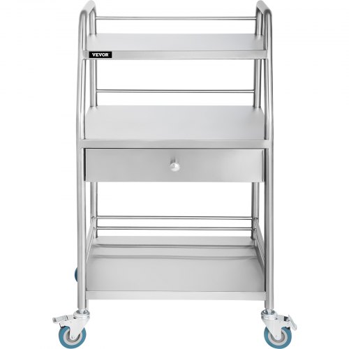 VEVOR Carrito utilitario con 3 estantes de acero inoxidable con ruedas, carrito rodante, rueda comercial, carrito de laboratorio dental (3 estantes/1 cajón)