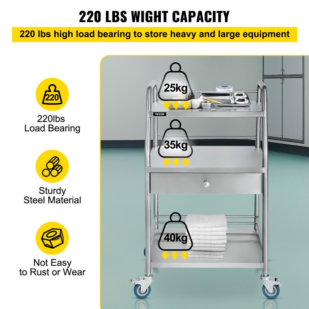 Carrito utilitario VEVOR con capacidad de 220 libras, acero resistente, resistente a la oxidación, carga de 25 kg, 35 kg, 40 kg.