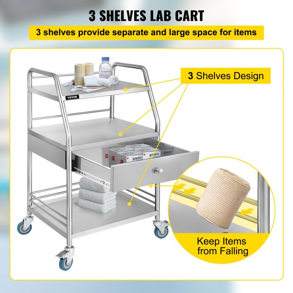 Carrito utilitario VEVOR con 3 estantes y un cajón para un almacenamiento organizado.