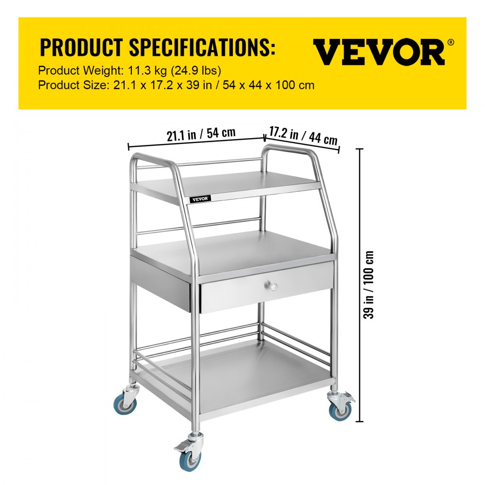 Carrito utilitario VEVOR con tres estantes, cajón y ruedas con bloqueo. Dimensiones: 21,1 x 17,2 x 39 pulgadas.
