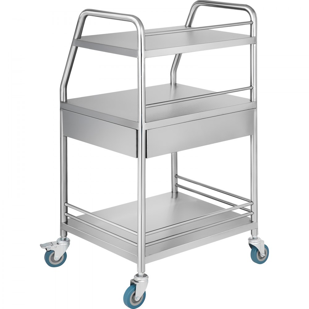 Carrito utilitario VEVOR de acero inoxidable con tres estantes y ruedas azules.