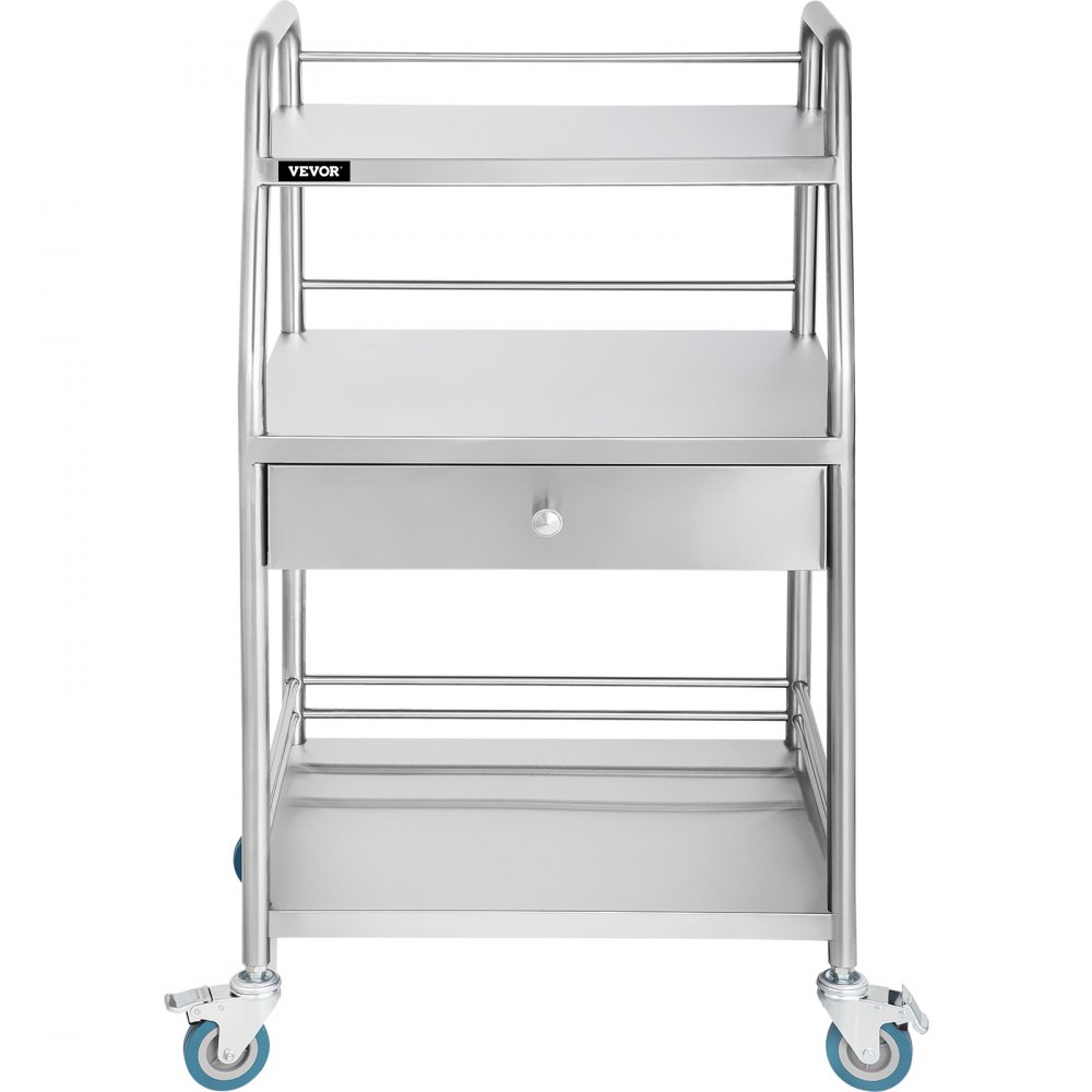 Carrito utilitario VEVOR con ruedas bloqueables, tres estantes y un cajón en acero inoxidable.