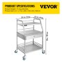 Carrito utilitario VEVOR con tres estantes, cajón y ruedas con bloqueo. Dimensiones: 21,1 x 17,2 x 39 pulgadas.