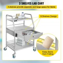 VEVOR Carro de Laboratorio Carrito utilitario dental con 3 estantes de acero inoxidable con ruedas carrito rodante rueda comercial