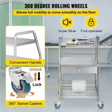 VEVOR Carro de Laboratorio Carrito utilitario dental con 3 estantes de acero inoxidable con ruedas carrito rodante rueda comercial