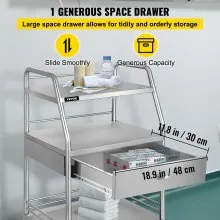 VEVOR Carro de Laboratorio Carrito utilitario dental con 3 estantes de acero inoxidable con ruedas carrito rodante rueda comercial
