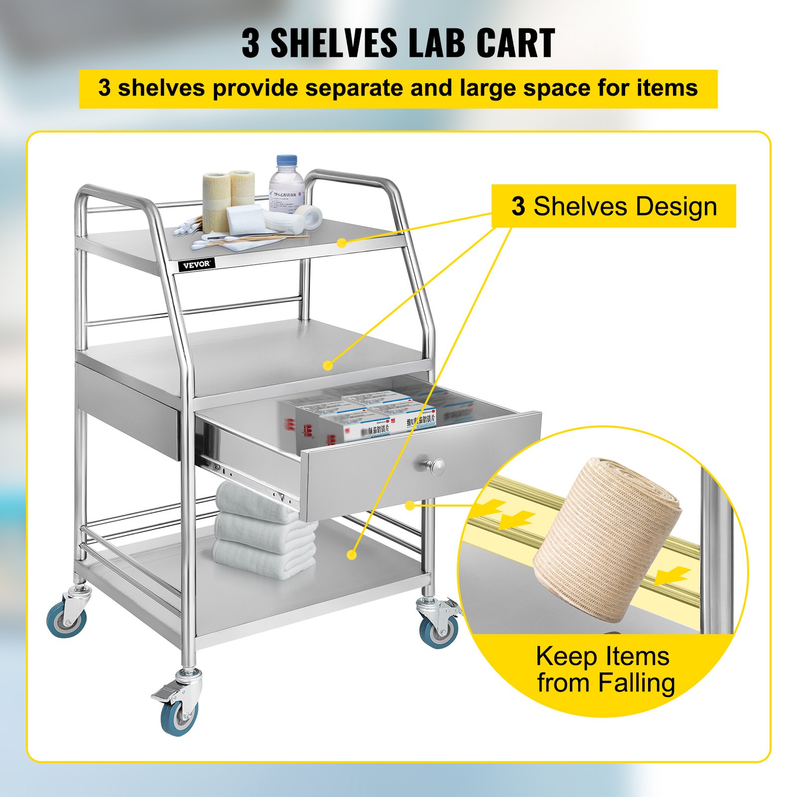 Carrito utilitario VEVOR con 3 estantes y un cajón para un almacenamiento organizado.