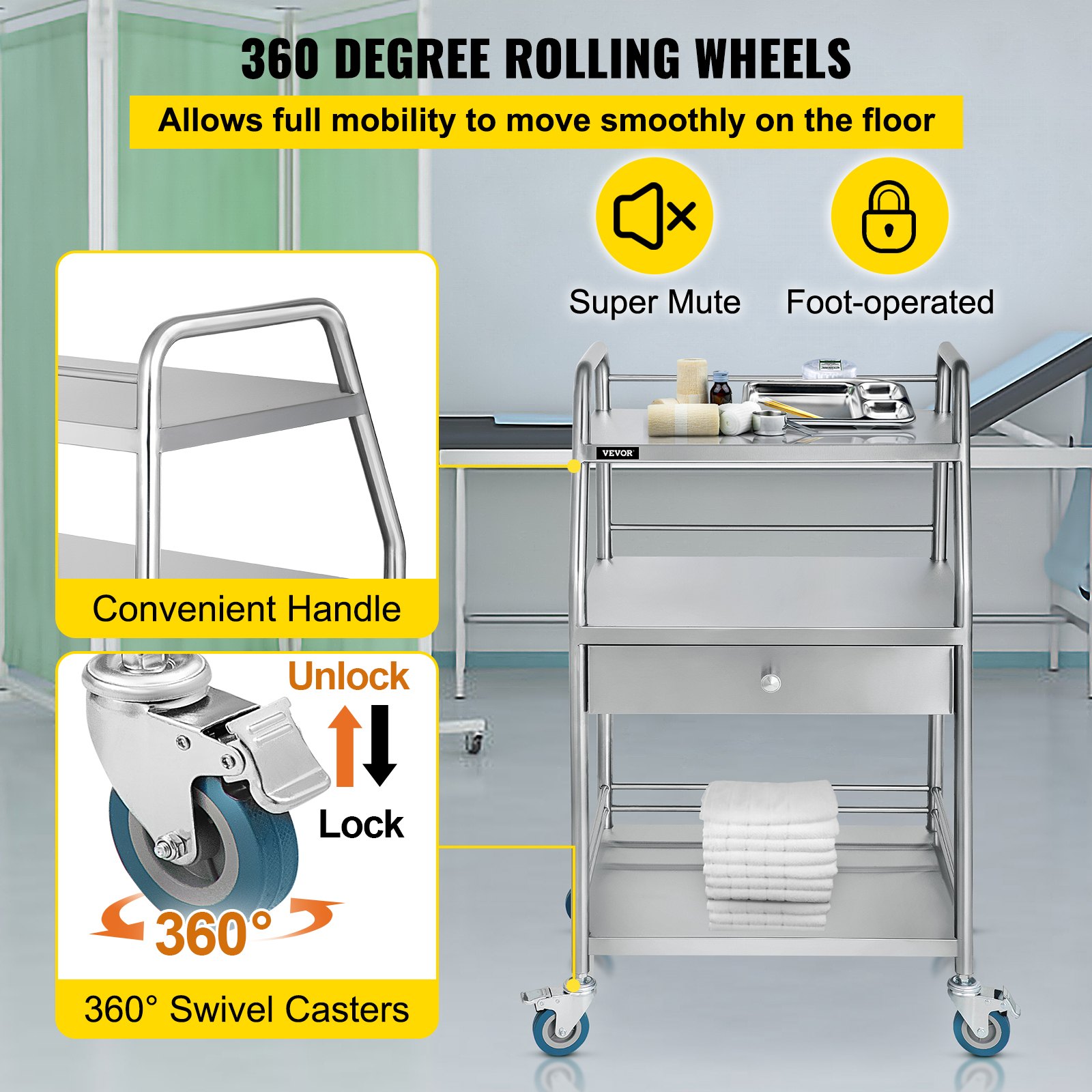 Carrito utilitario VEVOR con ruedas giratorias de 360°, asa cómoda y estante de almacenamiento.