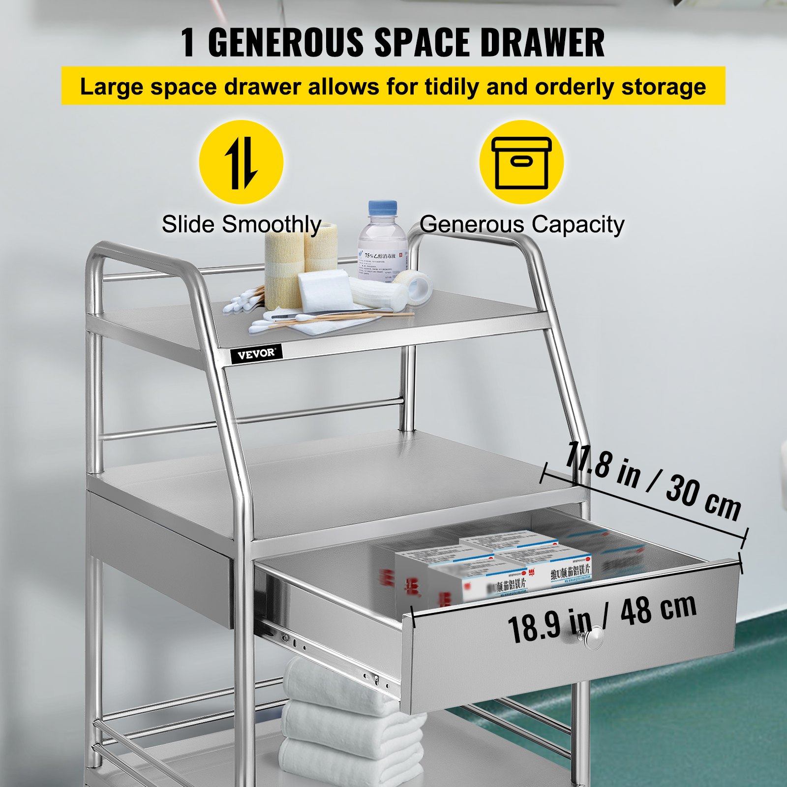 Carrito utilitario VEVOR con cajón espacioso, para almacenar suministros médicos y deslizamiento suave.