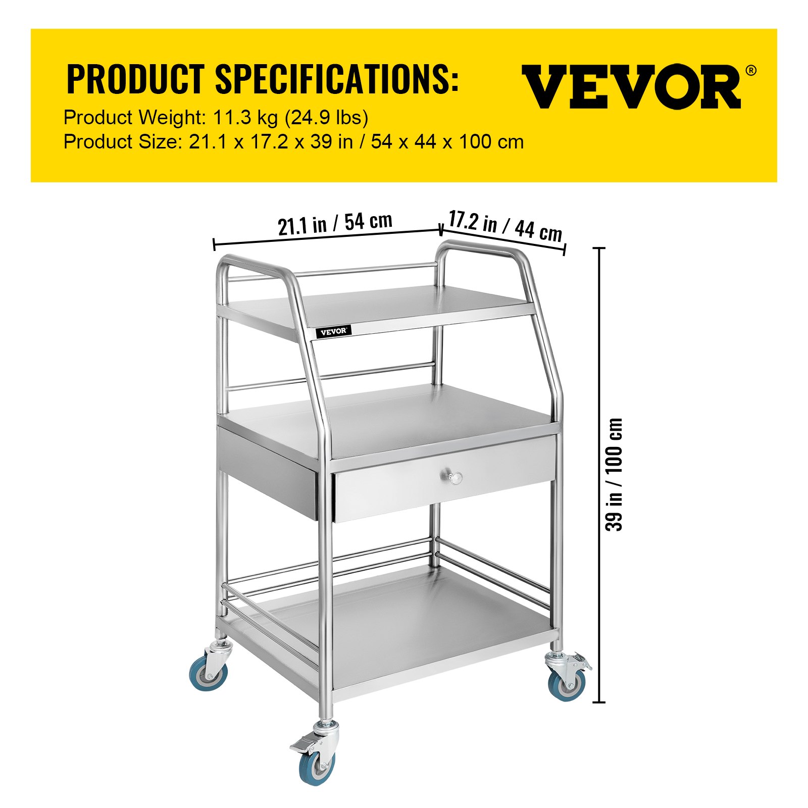 Carrito utilitario VEVOR con tres estantes, cajón y ruedas con bloqueo. Dimensiones: 21,1 x 17,2 x 39 pulgadas.