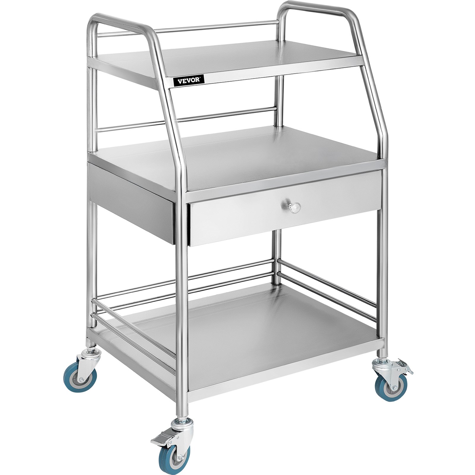 Carrito utilitario VEVOR de acero inoxidable con tres estantes, un cajón y ruedas giratorias azules.