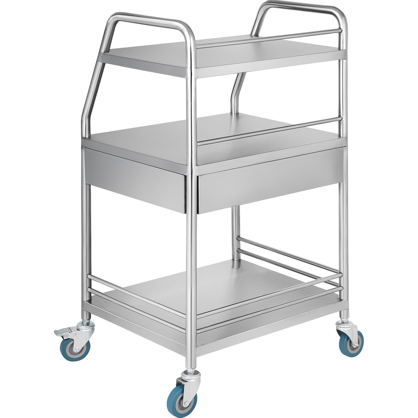 Carrito utilitario VEVOR de acero inoxidable con tres estantes y ruedas azules.
